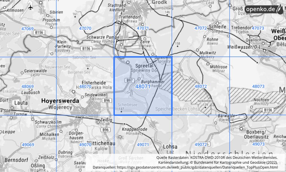 Übersichtskarte KOSTRA-DWD-2010R Rasterfeld Nr. 48071 mit angrenzenden Feldern