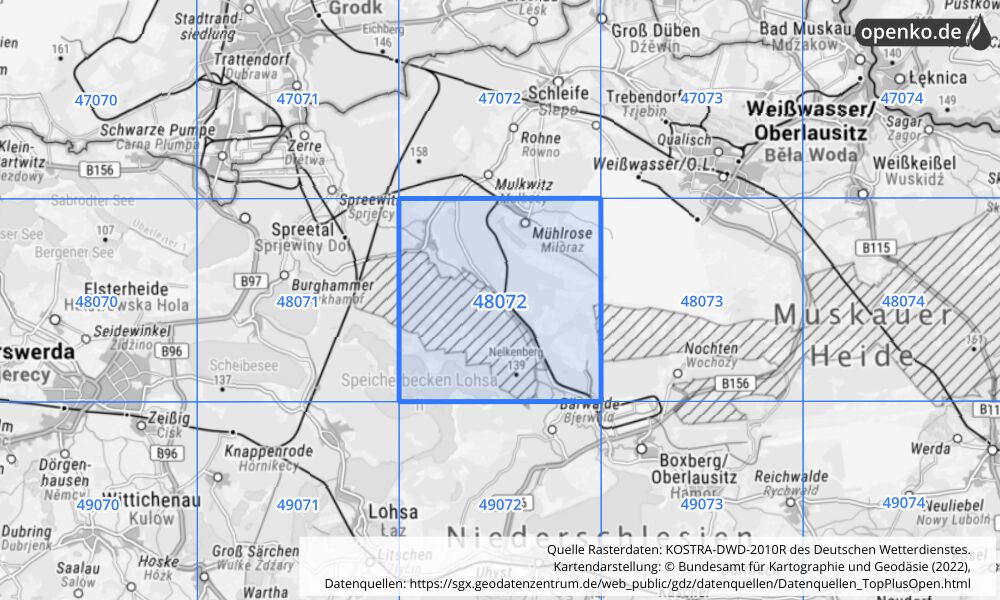 Übersichtskarte KOSTRA-DWD-2010R Rasterfeld Nr. 48072 mit angrenzenden Feldern