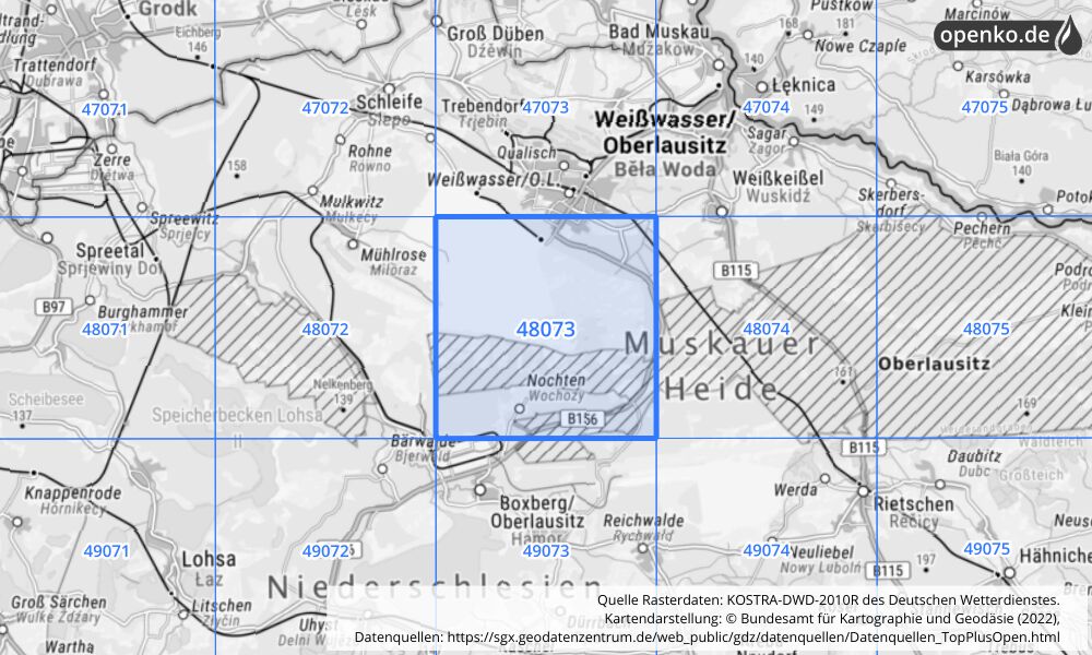 Übersichtskarte KOSTRA-DWD-2010R Rasterfeld Nr. 48073 mit angrenzenden Feldern