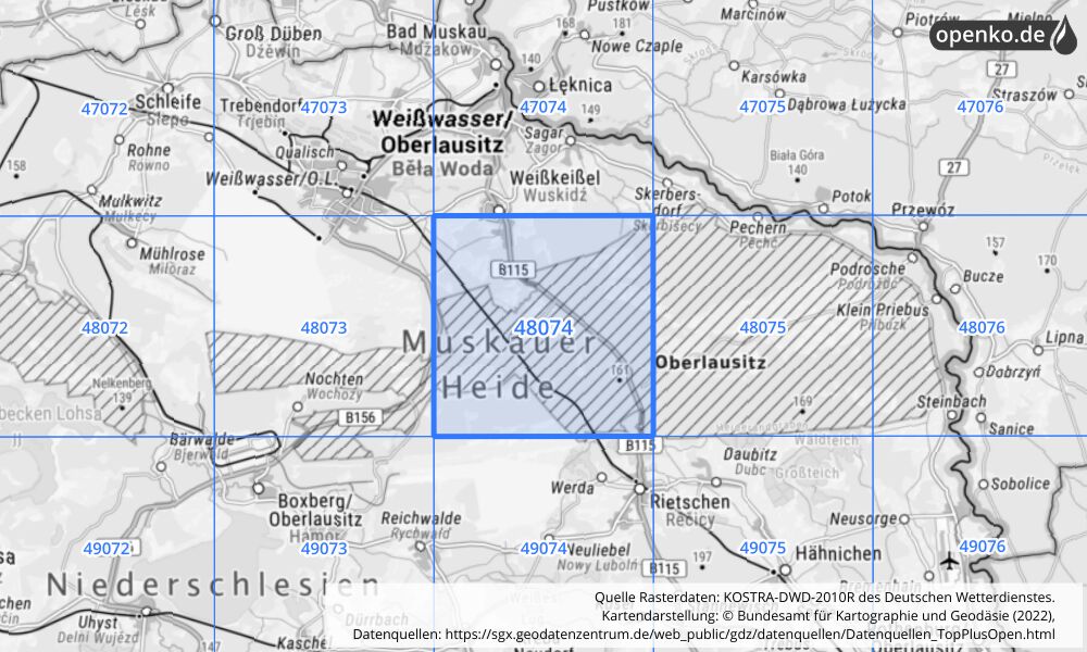 Übersichtskarte KOSTRA-DWD-2010R Rasterfeld Nr. 48074 mit angrenzenden Feldern