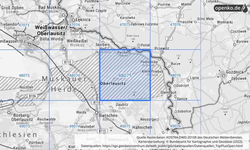 Übersichtskarte KOSTRA-DWD-2010R Rasterfeld Nr. 48075 mit angrenzenden Feldern