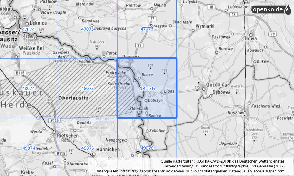 Übersichtskarte KOSTRA-DWD-2010R Rasterfeld Nr. 48076 mit angrenzenden Feldern