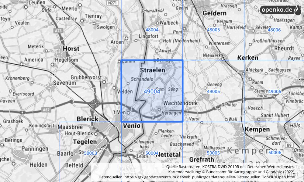 Übersichtskarte KOSTRA-DWD-2010R Rasterfeld Nr. 49004 mit angrenzenden Feldern