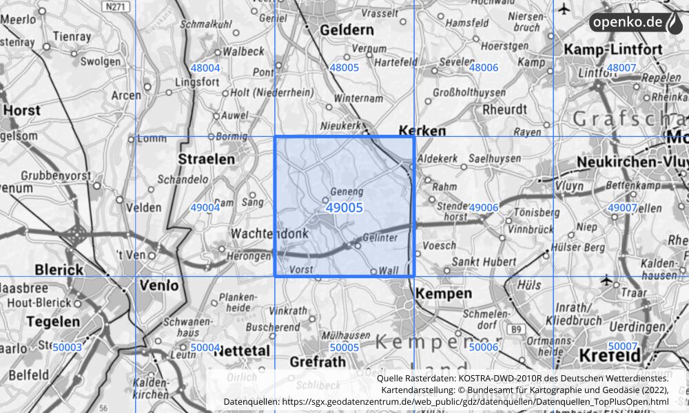 Übersichtskarte KOSTRA-DWD-2010R Rasterfeld Nr. 49005 mit angrenzenden Feldern