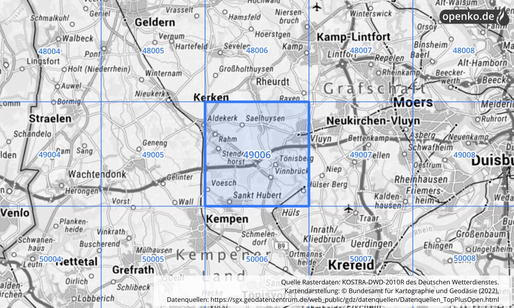 Übersichtskarte KOSTRA-DWD-2010R Rasterfeld Nr. 49006 mit angrenzenden Feldern