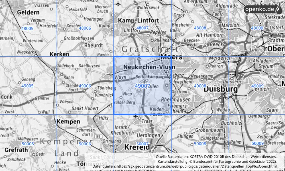 Übersichtskarte KOSTRA-DWD-2010R Rasterfeld Nr. 49007 mit angrenzenden Feldern