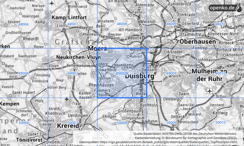 Übersichtskarte KOSTRA-DWD-2010R Rasterfeld Nr. 49008 mit angrenzenden Feldern