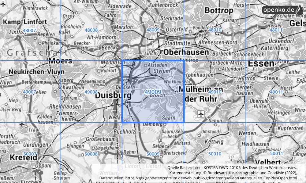 Übersichtskarte KOSTRA-DWD-2010R Rasterfeld Nr. 49009 mit angrenzenden Feldern