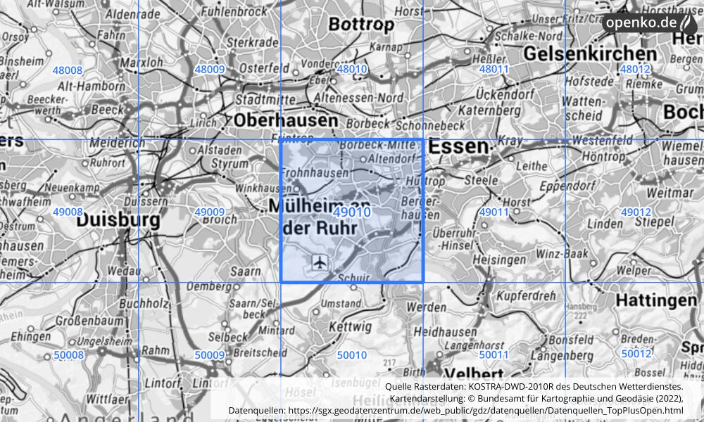 Übersichtskarte KOSTRA-DWD-2010R Rasterfeld Nr. 49010 mit angrenzenden Feldern