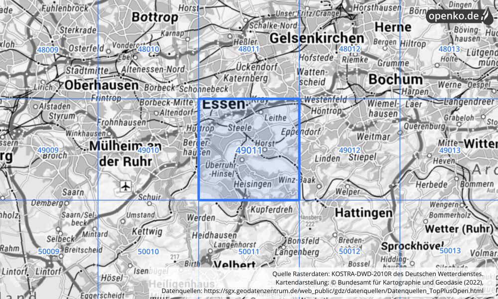 Übersichtskarte KOSTRA-DWD-2010R Rasterfeld Nr. 49011 mit angrenzenden Feldern