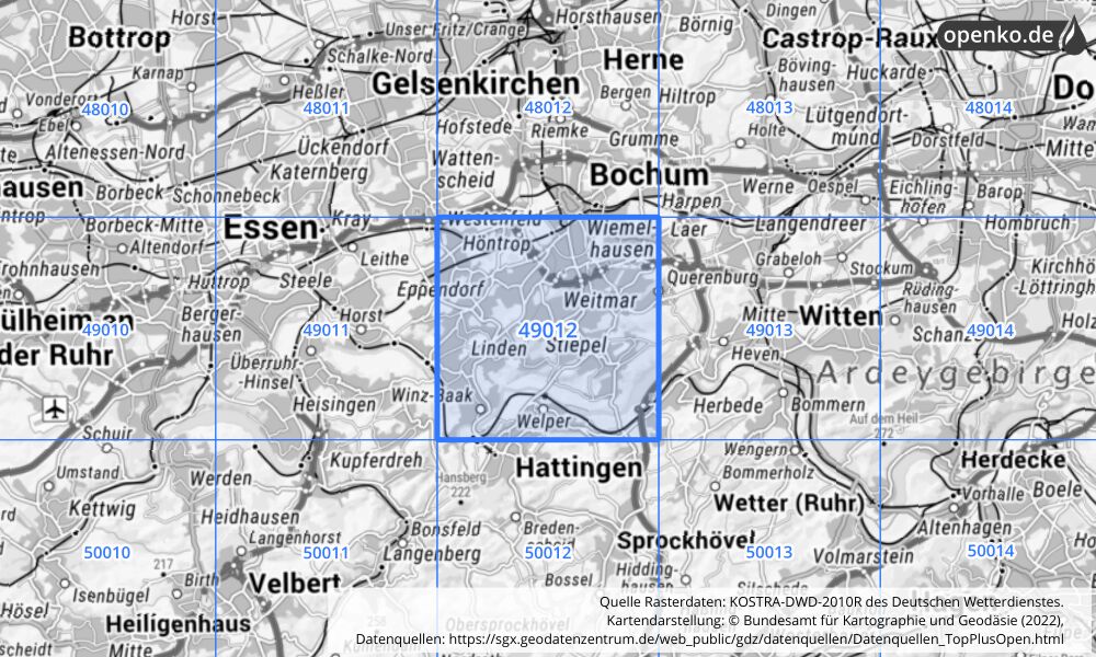 Übersichtskarte KOSTRA-DWD-2010R Rasterfeld Nr. 49012 mit angrenzenden Feldern