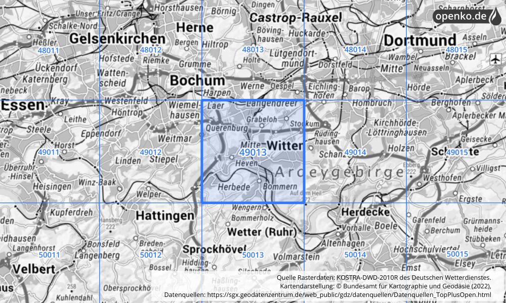 Übersichtskarte KOSTRA-DWD-2010R Rasterfeld Nr. 49013 mit angrenzenden Feldern