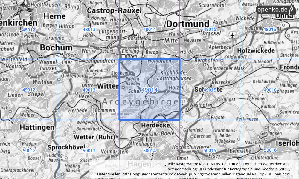 Übersichtskarte KOSTRA-DWD-2010R Rasterfeld Nr. 49014 mit angrenzenden Feldern