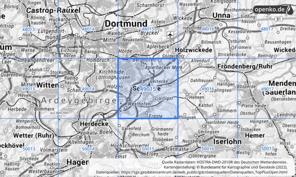 Übersichtskarte KOSTRA-DWD-2010R Rasterfeld Nr. 49015 mit angrenzenden Feldern