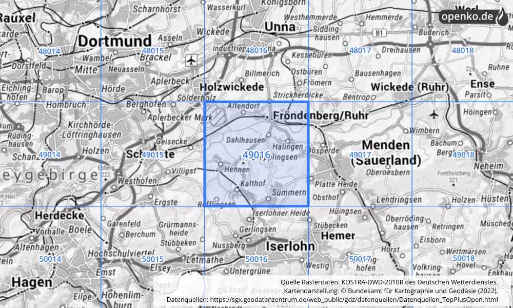 Übersichtskarte KOSTRA-DWD-2010R Rasterfeld Nr. 49016 mit angrenzenden Feldern