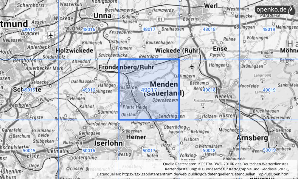 Übersichtskarte KOSTRA-DWD-2010R Rasterfeld Nr. 49017 mit angrenzenden Feldern