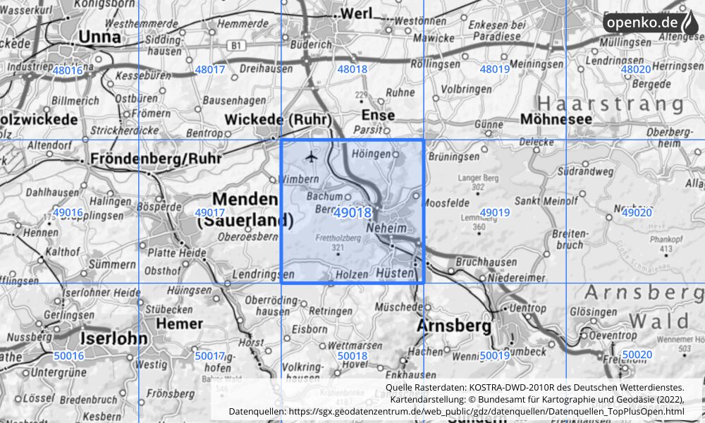 Übersichtskarte KOSTRA-DWD-2010R Rasterfeld Nr. 49018 mit angrenzenden Feldern