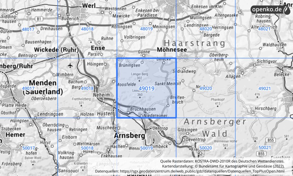 Übersichtskarte KOSTRA-DWD-2010R Rasterfeld Nr. 49019 mit angrenzenden Feldern