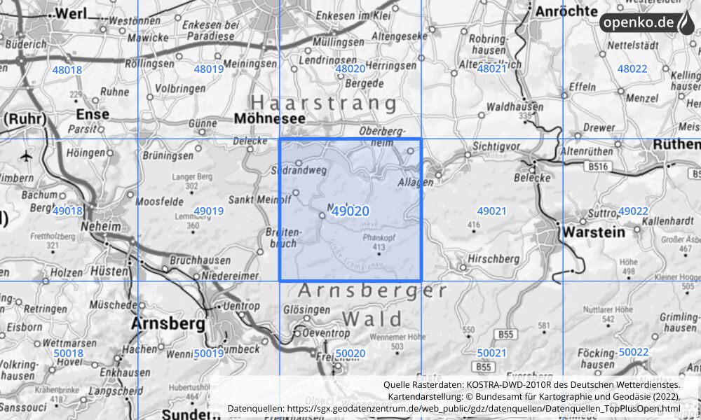 Übersichtskarte KOSTRA-DWD-2010R Rasterfeld Nr. 49020 mit angrenzenden Feldern