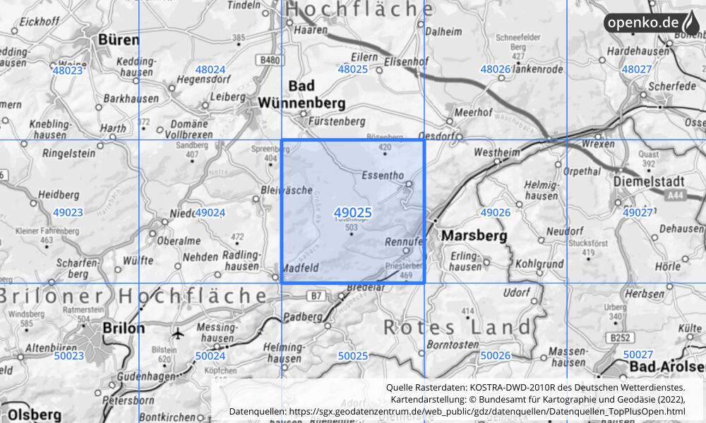 Übersichtskarte KOSTRA-DWD-2010R Rasterfeld Nr. 49025 mit angrenzenden Feldern