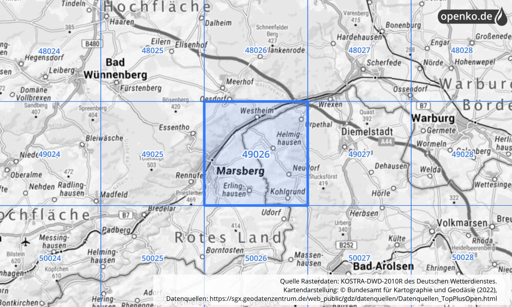 Übersichtskarte KOSTRA-DWD-2010R Rasterfeld Nr. 49026 mit angrenzenden Feldern