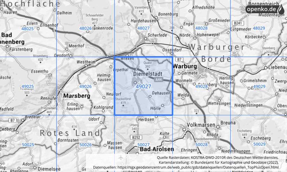 Übersichtskarte KOSTRA-DWD-2010R Rasterfeld Nr. 49027 mit angrenzenden Feldern