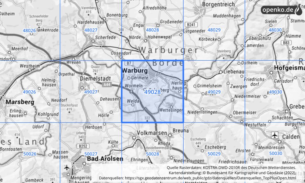 Übersichtskarte KOSTRA-DWD-2010R Rasterfeld Nr. 49028 mit angrenzenden Feldern