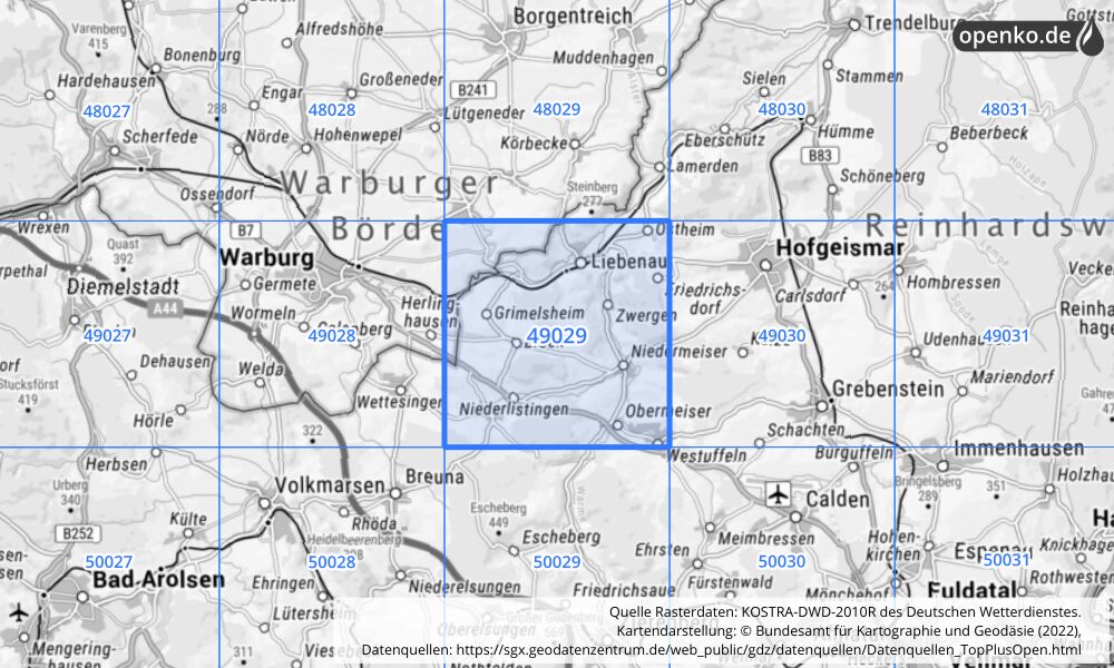 Übersichtskarte KOSTRA-DWD-2010R Rasterfeld Nr. 49029 mit angrenzenden Feldern