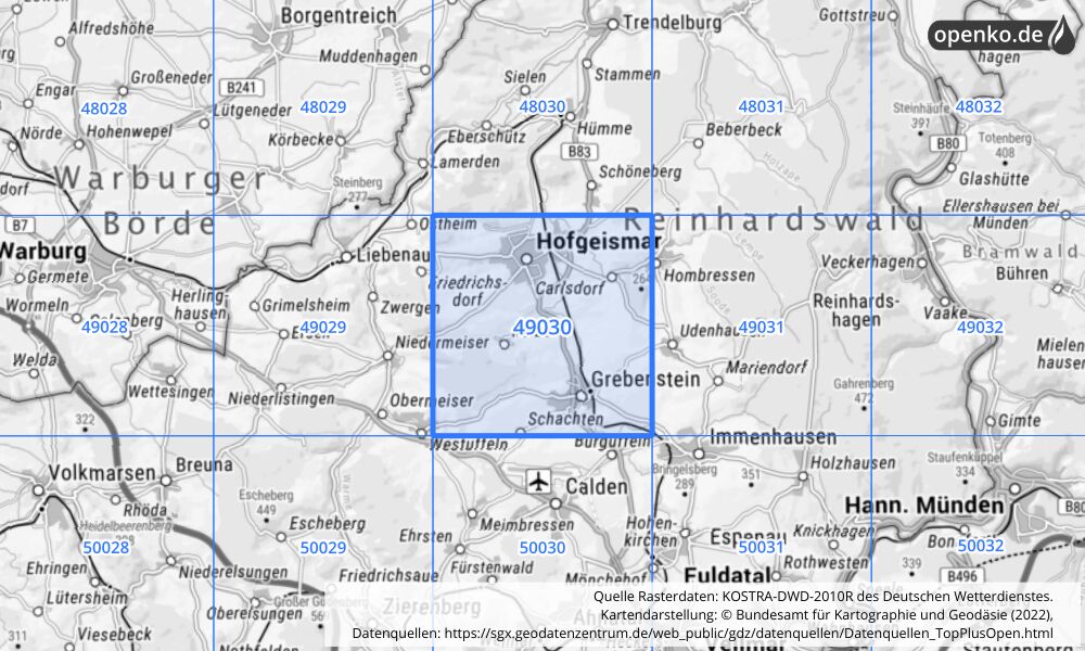 Übersichtskarte KOSTRA-DWD-2010R Rasterfeld Nr. 49030 mit angrenzenden Feldern