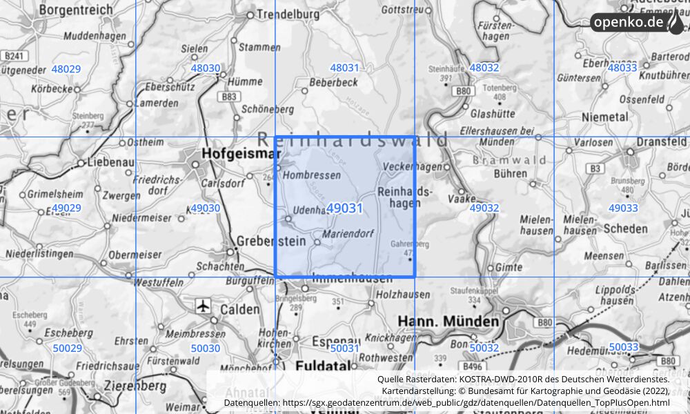 Übersichtskarte KOSTRA-DWD-2010R Rasterfeld Nr. 49031 mit angrenzenden Feldern
