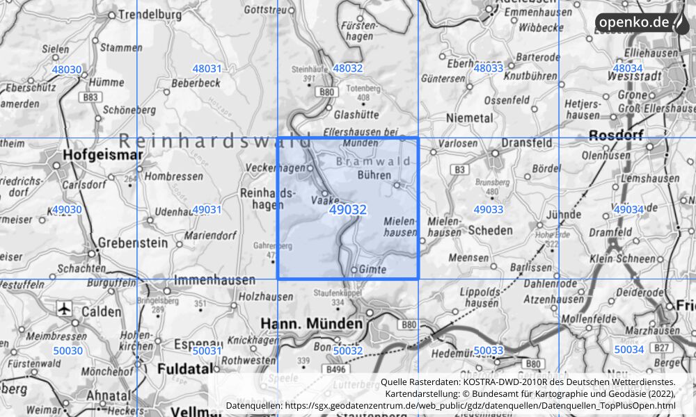 Übersichtskarte KOSTRA-DWD-2010R Rasterfeld Nr. 49032 mit angrenzenden Feldern