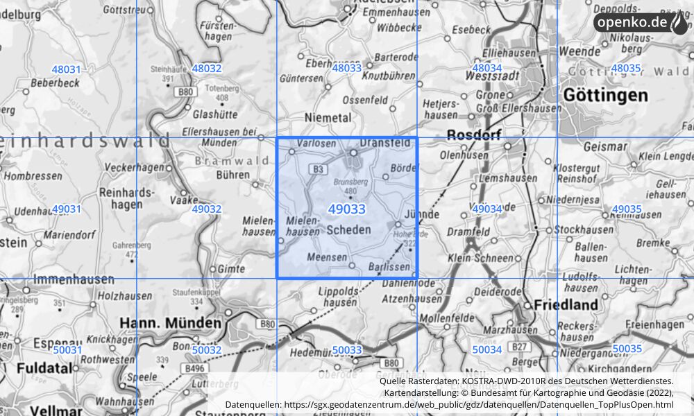 Übersichtskarte KOSTRA-DWD-2010R Rasterfeld Nr. 49033 mit angrenzenden Feldern