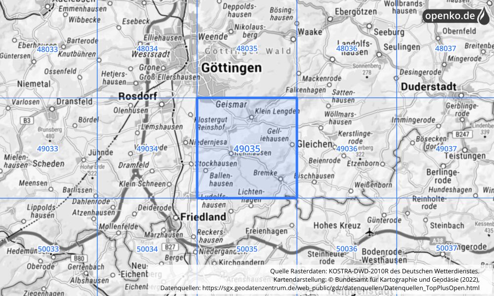 Übersichtskarte KOSTRA-DWD-2010R Rasterfeld Nr. 49035 mit angrenzenden Feldern