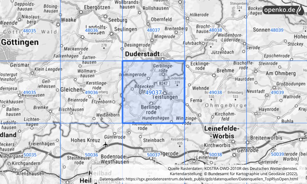 Übersichtskarte KOSTRA-DWD-2010R Rasterfeld Nr. 49037 mit angrenzenden Feldern