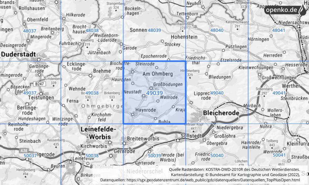 Übersichtskarte KOSTRA-DWD-2010R Rasterfeld Nr. 49039 mit angrenzenden Feldern