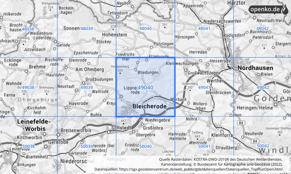 Übersichtskarte KOSTRA-DWD-2010R Rasterfeld Nr. 49040 mit angrenzenden Feldern