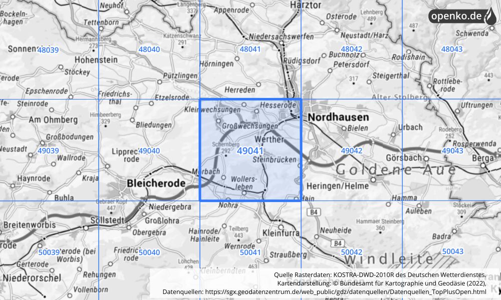 Übersichtskarte KOSTRA-DWD-2010R Rasterfeld Nr. 49041 mit angrenzenden Feldern