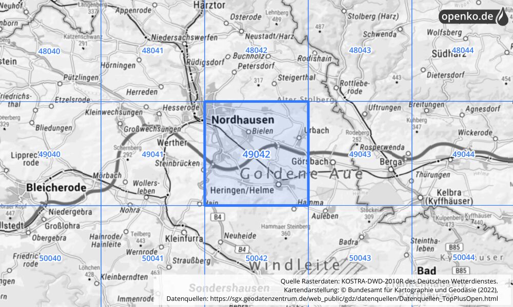 Übersichtskarte KOSTRA-DWD-2010R Rasterfeld Nr. 49042 mit angrenzenden Feldern