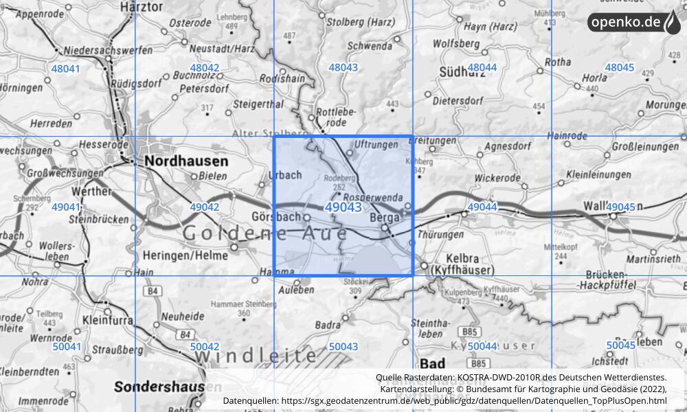 Übersichtskarte KOSTRA-DWD-2010R Rasterfeld Nr. 49043 mit angrenzenden Feldern