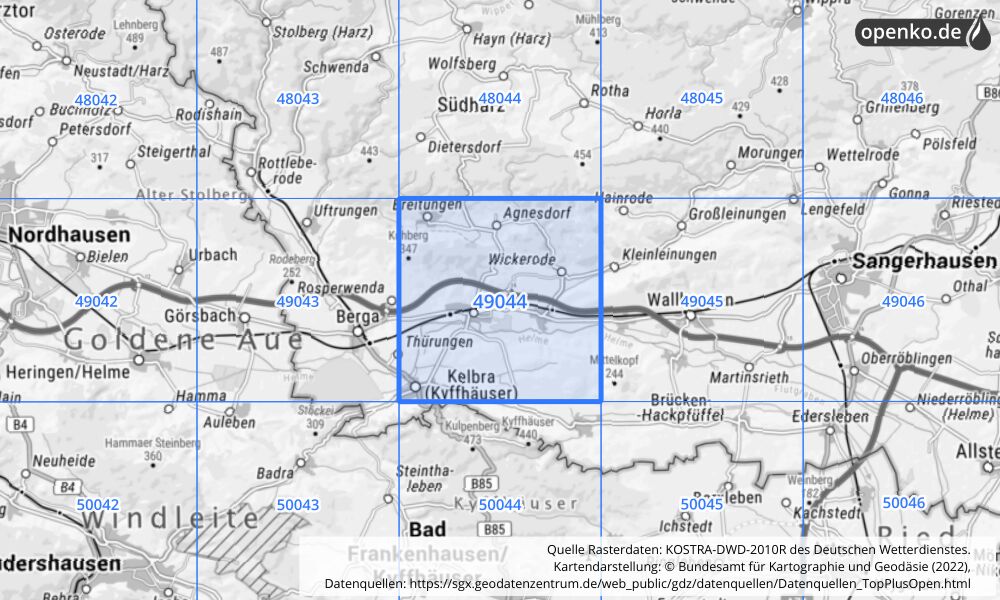 Übersichtskarte KOSTRA-DWD-2010R Rasterfeld Nr. 49044 mit angrenzenden Feldern