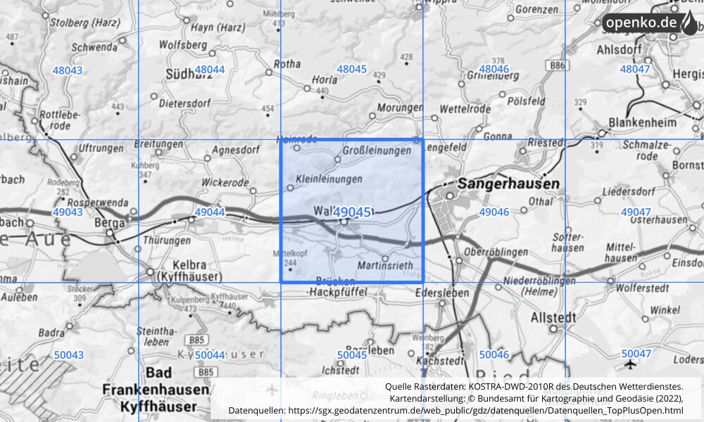 Übersichtskarte KOSTRA-DWD-2010R Rasterfeld Nr. 49045 mit angrenzenden Feldern