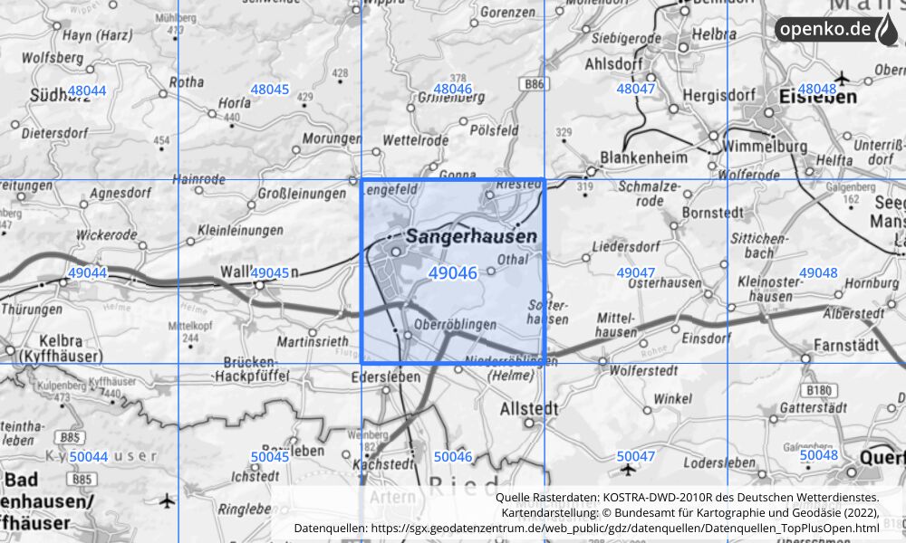 Übersichtskarte KOSTRA-DWD-2010R Rasterfeld Nr. 49046 mit angrenzenden Feldern