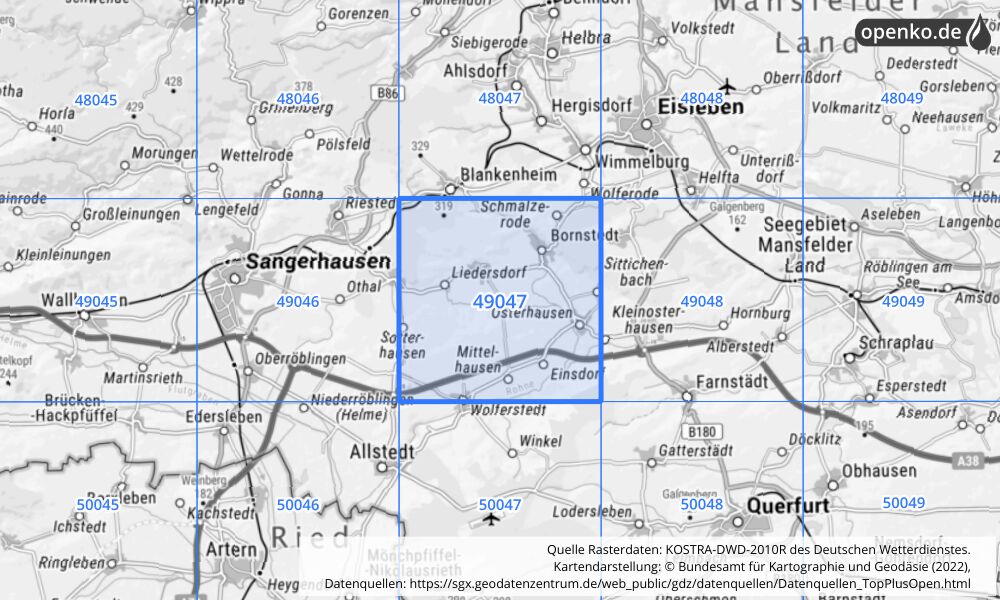 Übersichtskarte KOSTRA-DWD-2010R Rasterfeld Nr. 49047 mit angrenzenden Feldern