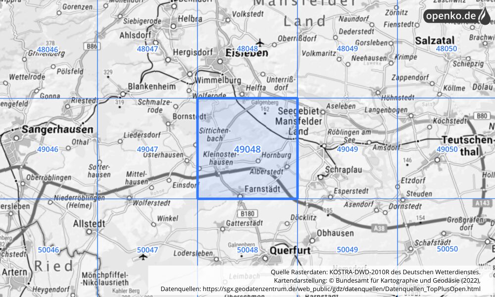 Übersichtskarte KOSTRA-DWD-2010R Rasterfeld Nr. 49048 mit angrenzenden Feldern