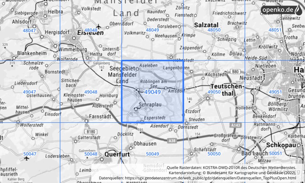 Übersichtskarte KOSTRA-DWD-2010R Rasterfeld Nr. 49049 mit angrenzenden Feldern