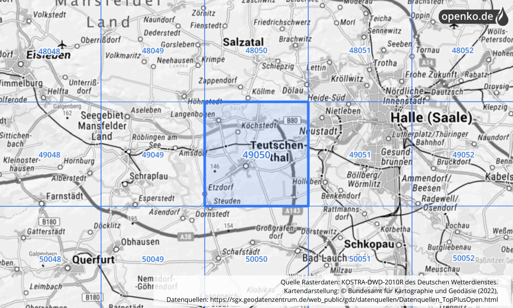 Übersichtskarte KOSTRA-DWD-2010R Rasterfeld Nr. 49050 mit angrenzenden Feldern