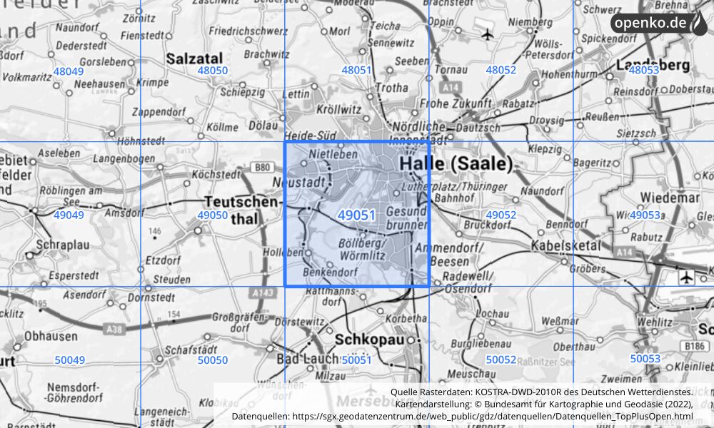 Übersichtskarte KOSTRA-DWD-2010R Rasterfeld Nr. 49051 mit angrenzenden Feldern