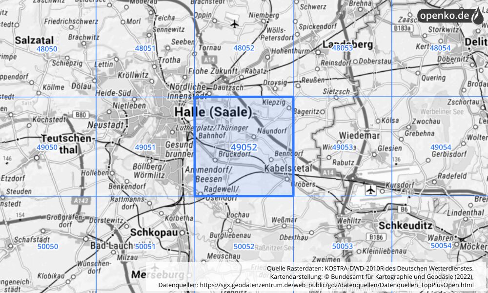 Übersichtskarte KOSTRA-DWD-2010R Rasterfeld Nr. 49052 mit angrenzenden Feldern