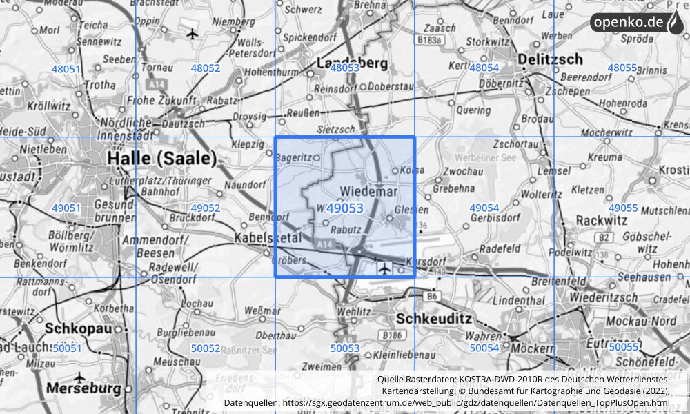 Übersichtskarte KOSTRA-DWD-2010R Rasterfeld Nr. 49053 mit angrenzenden Feldern