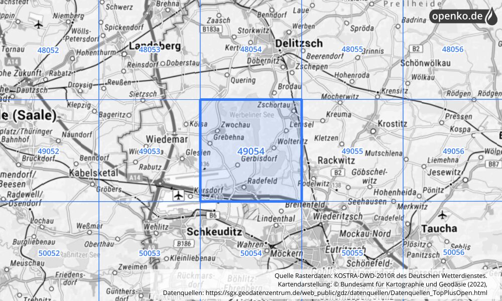 Übersichtskarte KOSTRA-DWD-2010R Rasterfeld Nr. 49054 mit angrenzenden Feldern